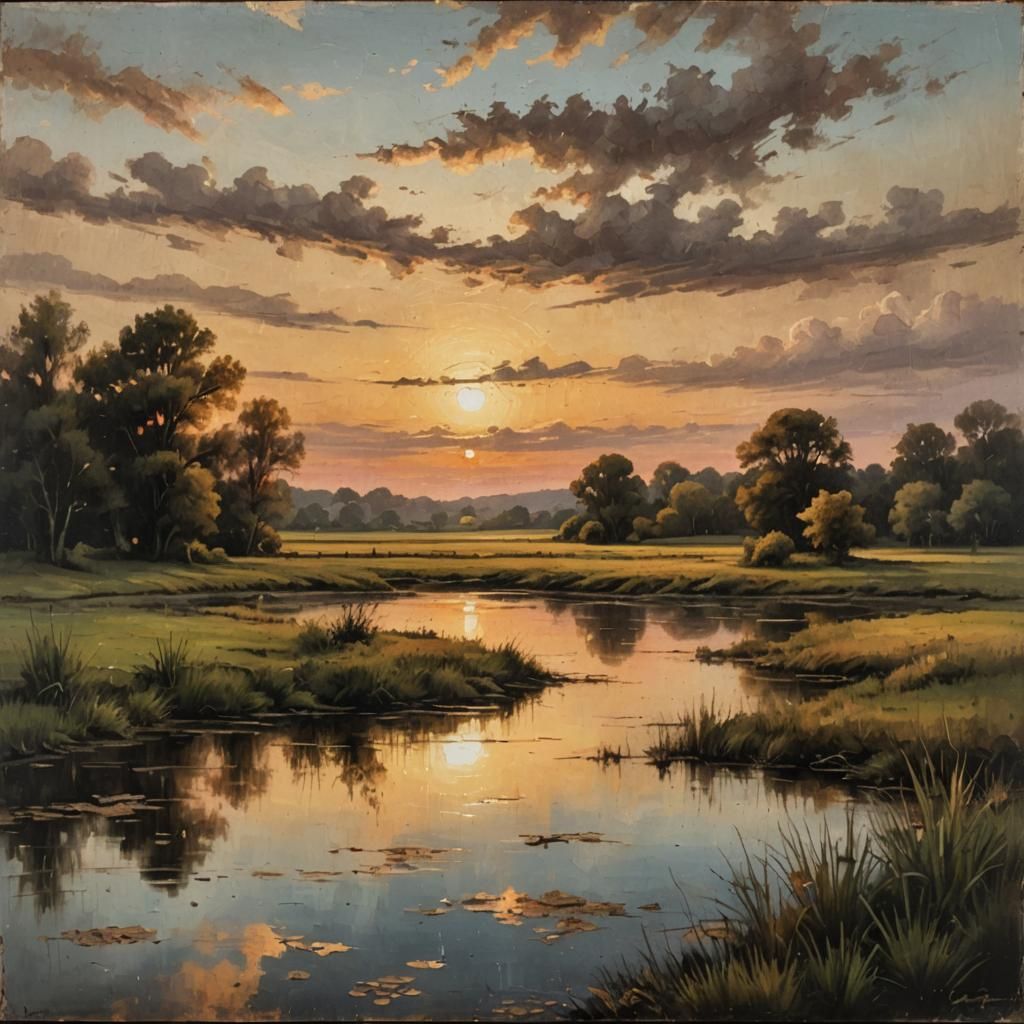 Serene Country Sunset: Vintage Oil Painting