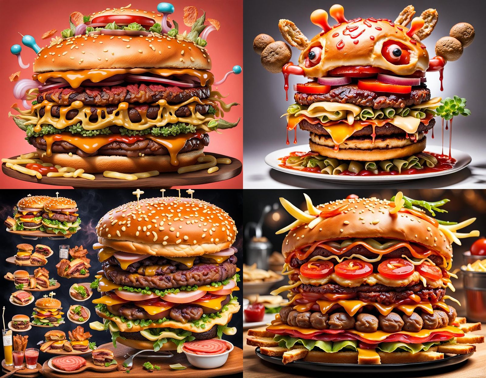 Surreal Cheeseburger Masterpiece with Bizarre Ingredients