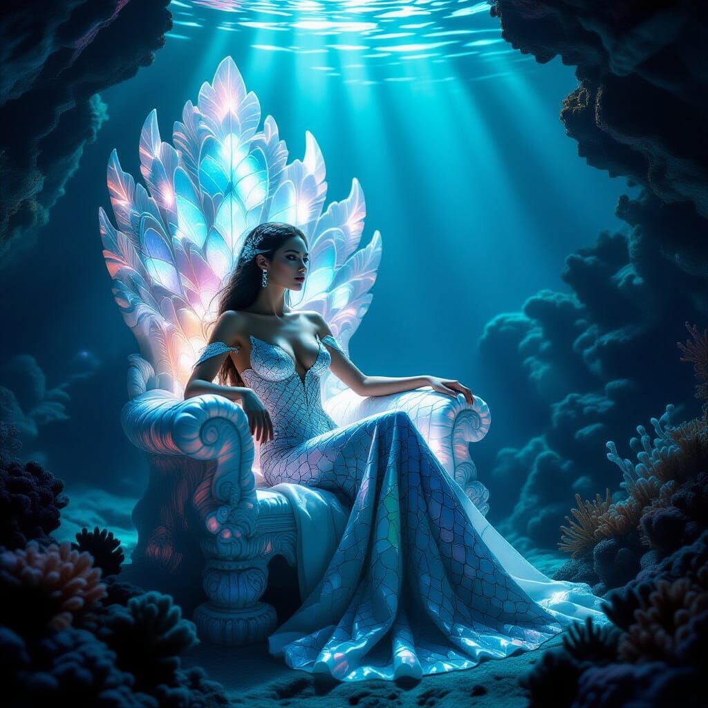 Bioluminescent Mermaid on Coral Throne in Deep Ocean Trench