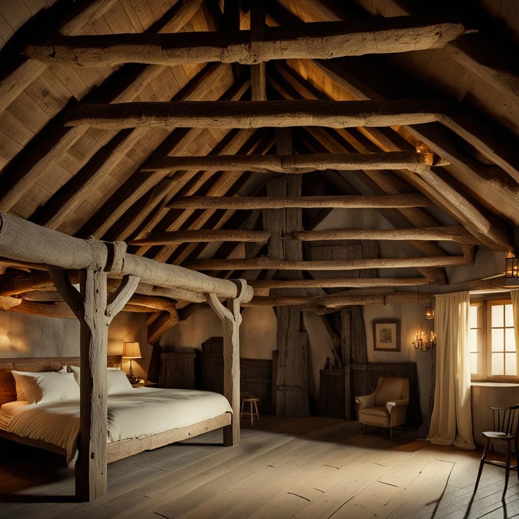 Ancient Wooden Timbers in Historical Attic Bedroom