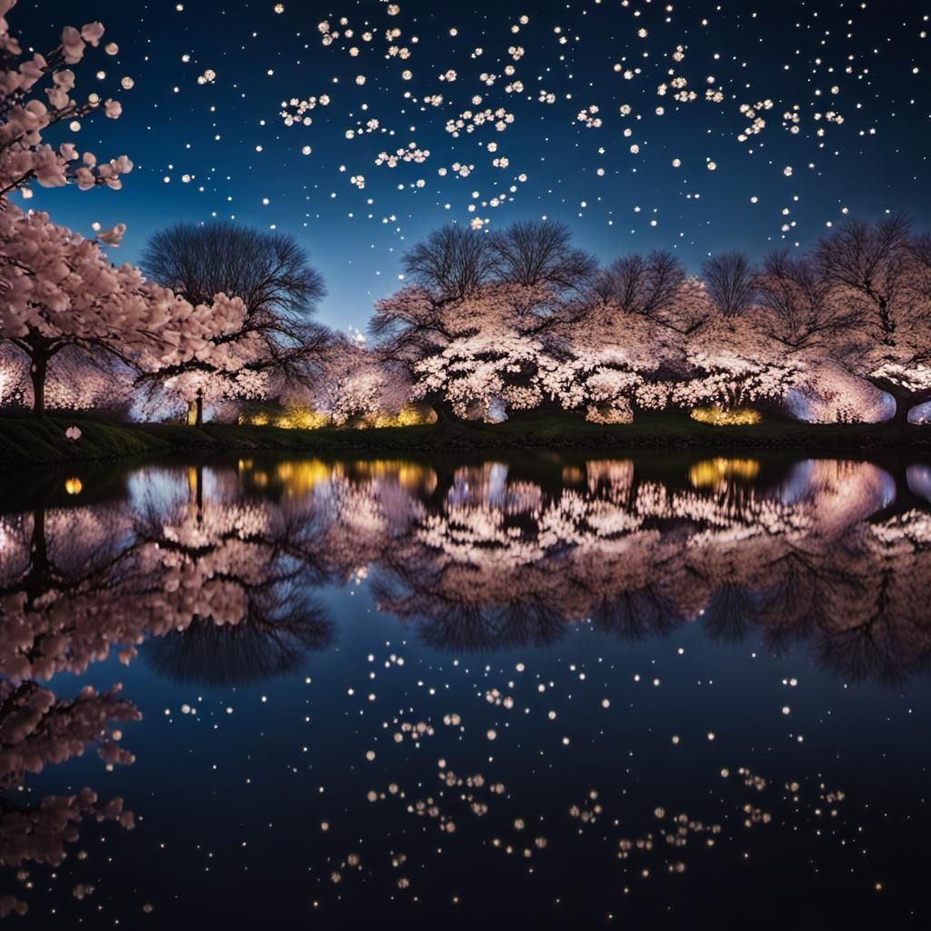 Sakura Reflection in Starry Sky