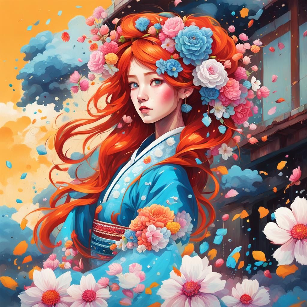 Korean Girl in Hanbok, Graffiti Art Style