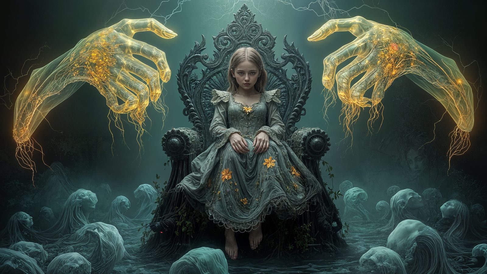 Ethereal Hands Reach for Throne in Surreal Art Nouveau