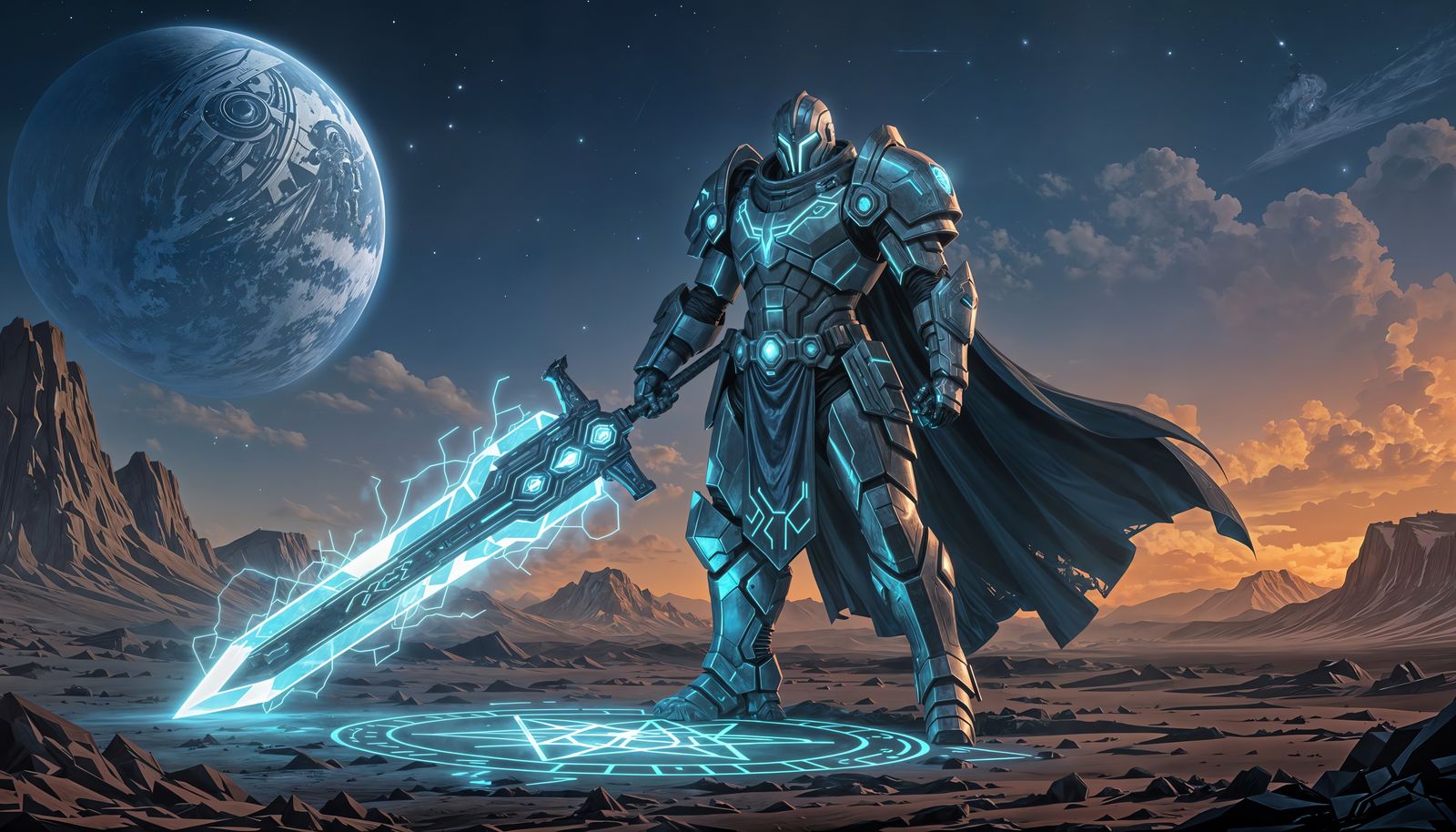 Cyberpunk Cyborg Paladin with Holy Aura on Alien Planet