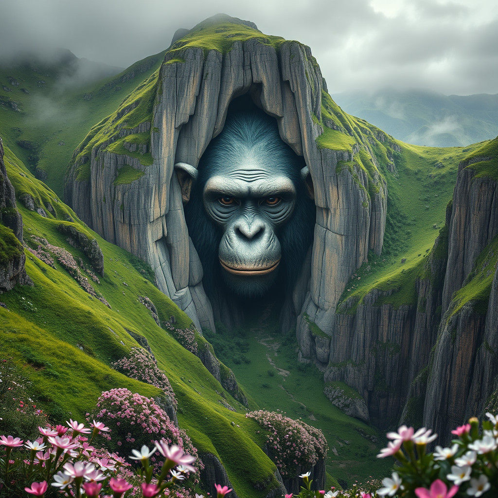 Mystical Monkey Cliff Face in Hyperrealistic Detail