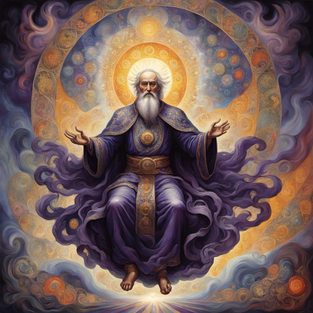 Regal Figure in Purple and Gold, Seated in Ethereal Light