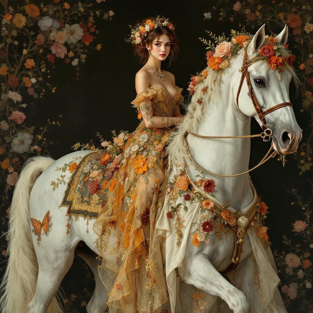 Floral Gown: Woman on White Horse in Art Nouveau Style