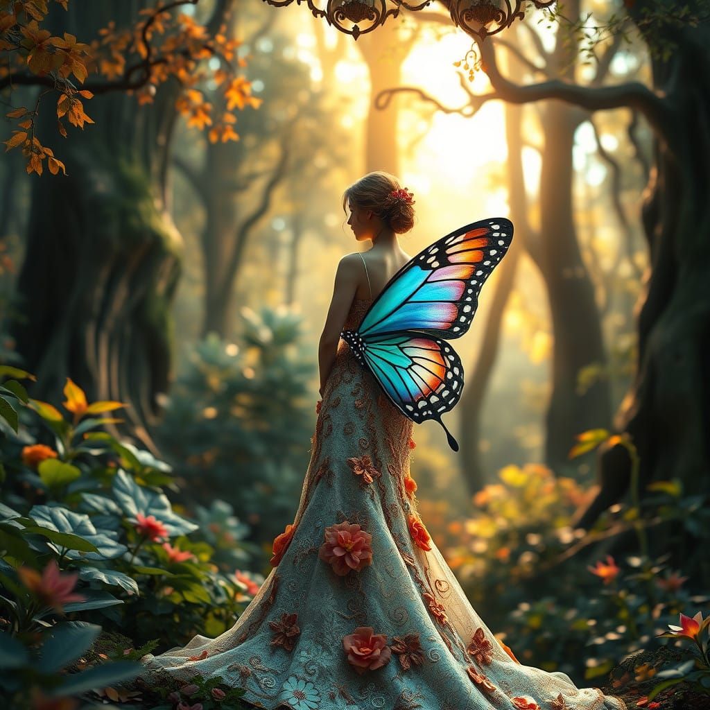 Dreamlike Butterfly Bride in Whimsical Forest