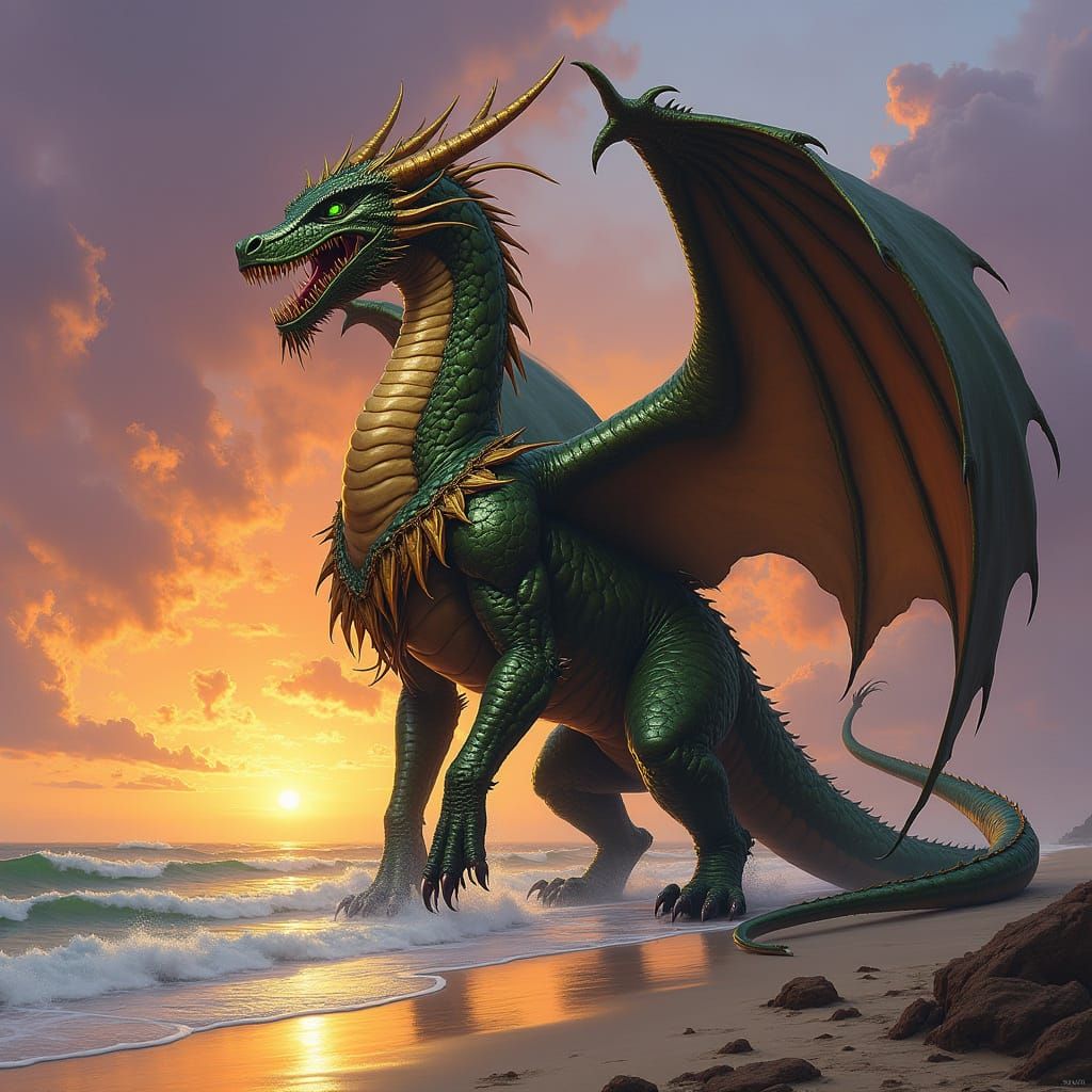 Bronze Dragon on Windswept Beach at Sunset