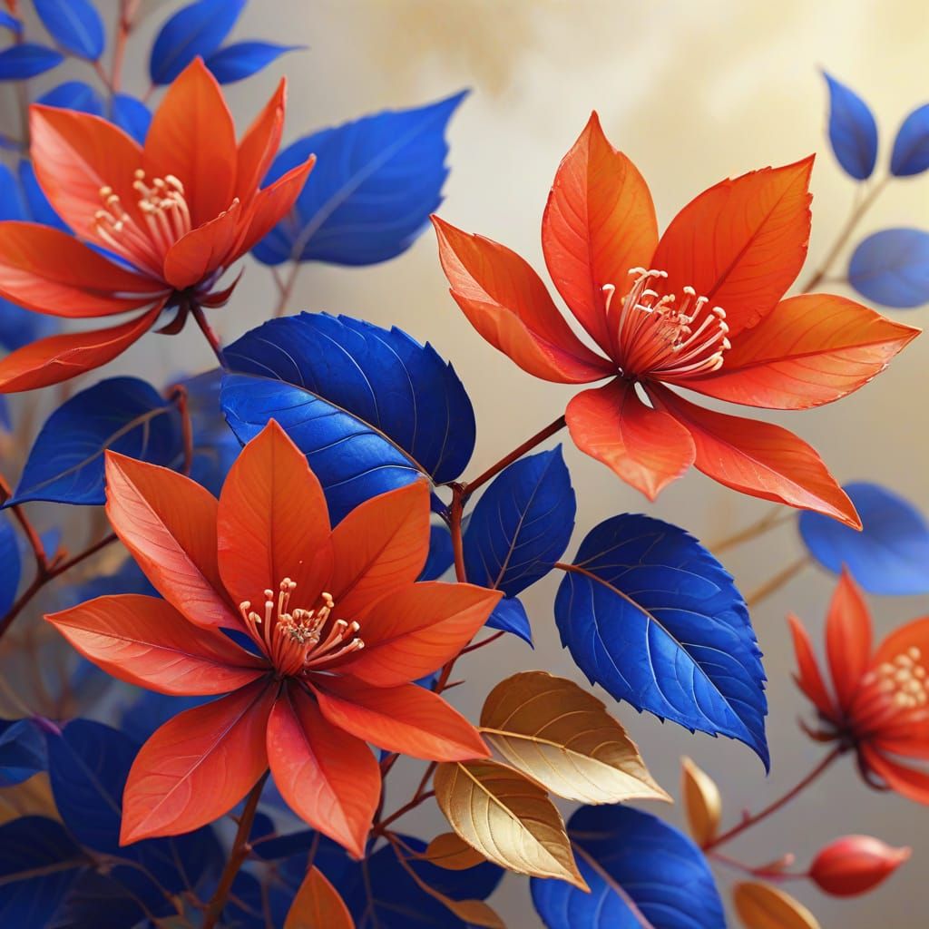 Botanical Harmony: Scarlet Blooms and Cobalt Leaves