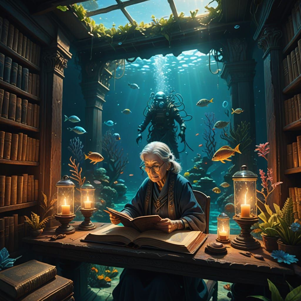 Underwater Library Concept Art with Bioluminescent Plants