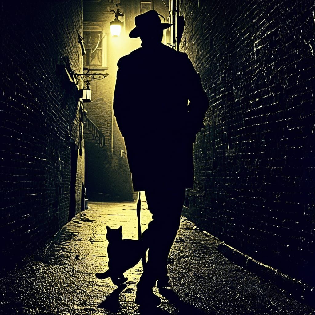 A Man Walks with a Black Cat in the Dark Shadows