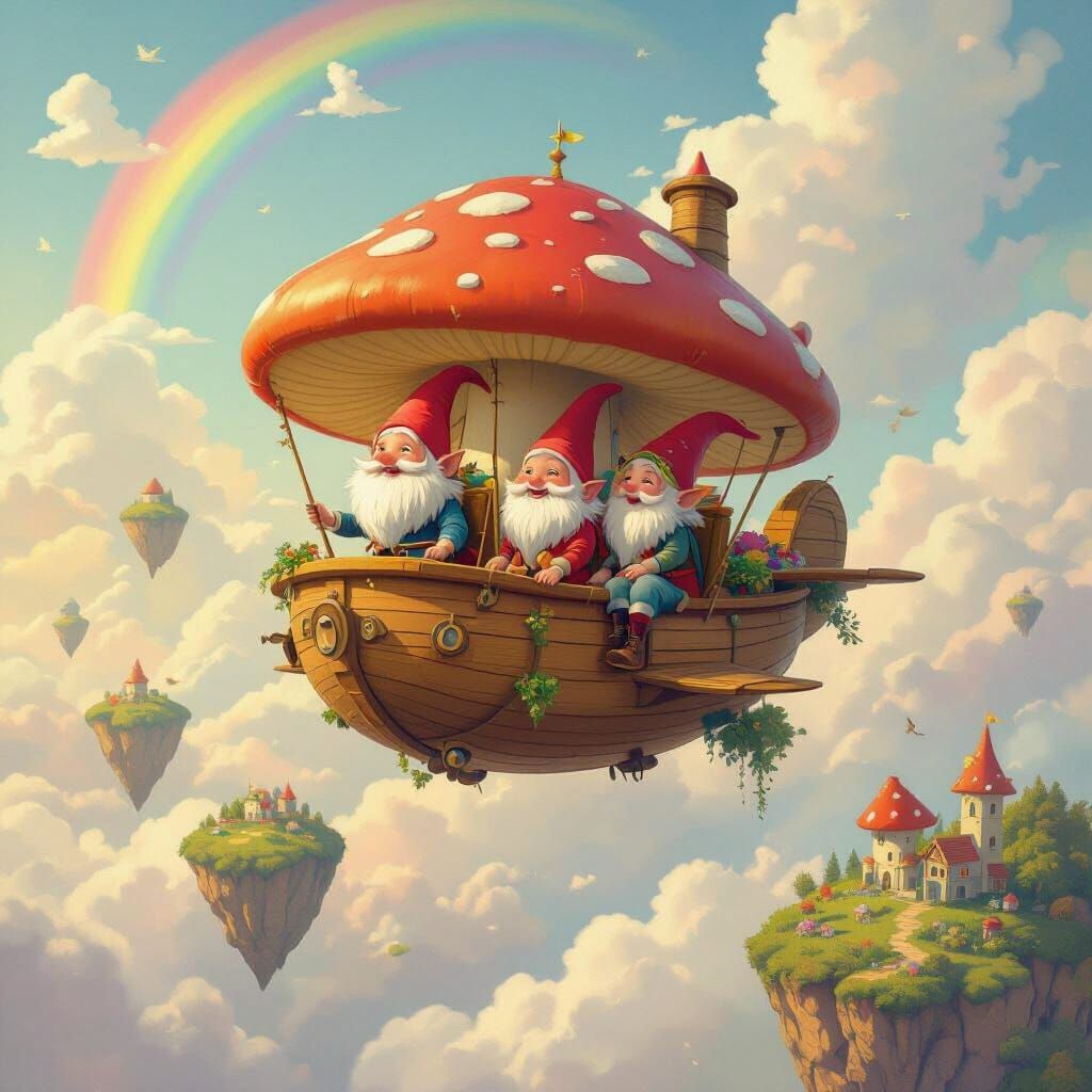 Gnomes and Fairies in Mushroom Airship, Painterly Style