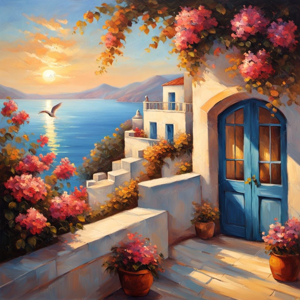 Seagull Over Mediterranean Sunset Balcony in Golden Hour