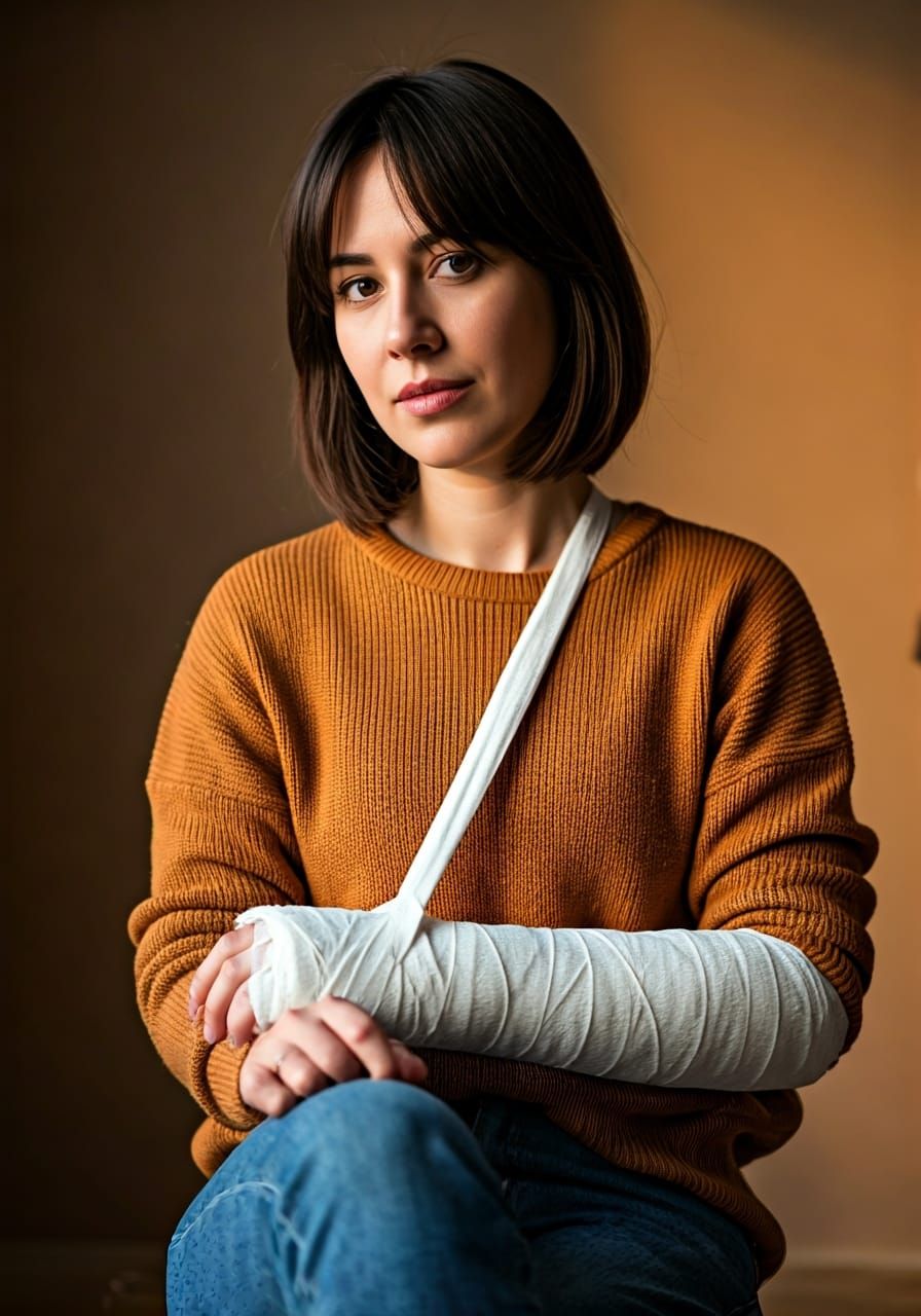 Woman with Broken Arm in Cozy Room