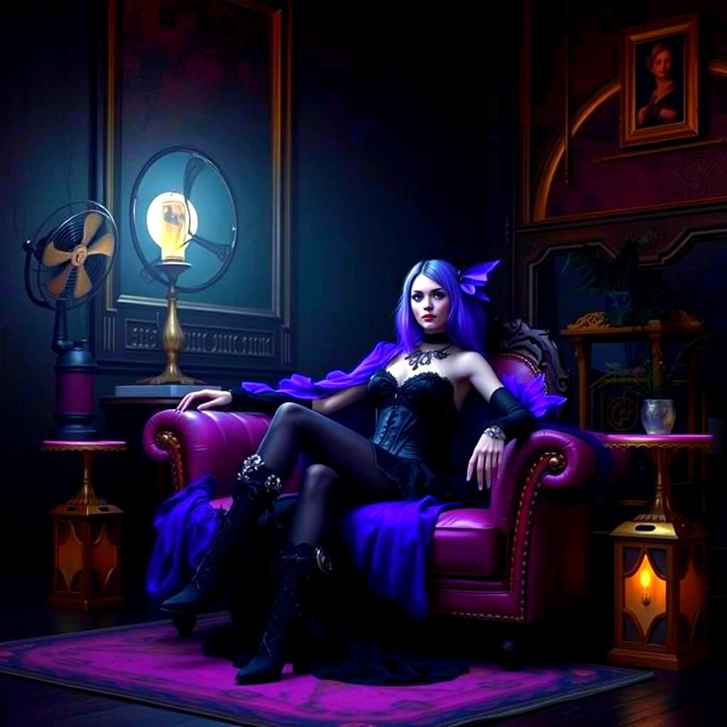 Gothic Woman in Steampunk Room with Neon Lighting