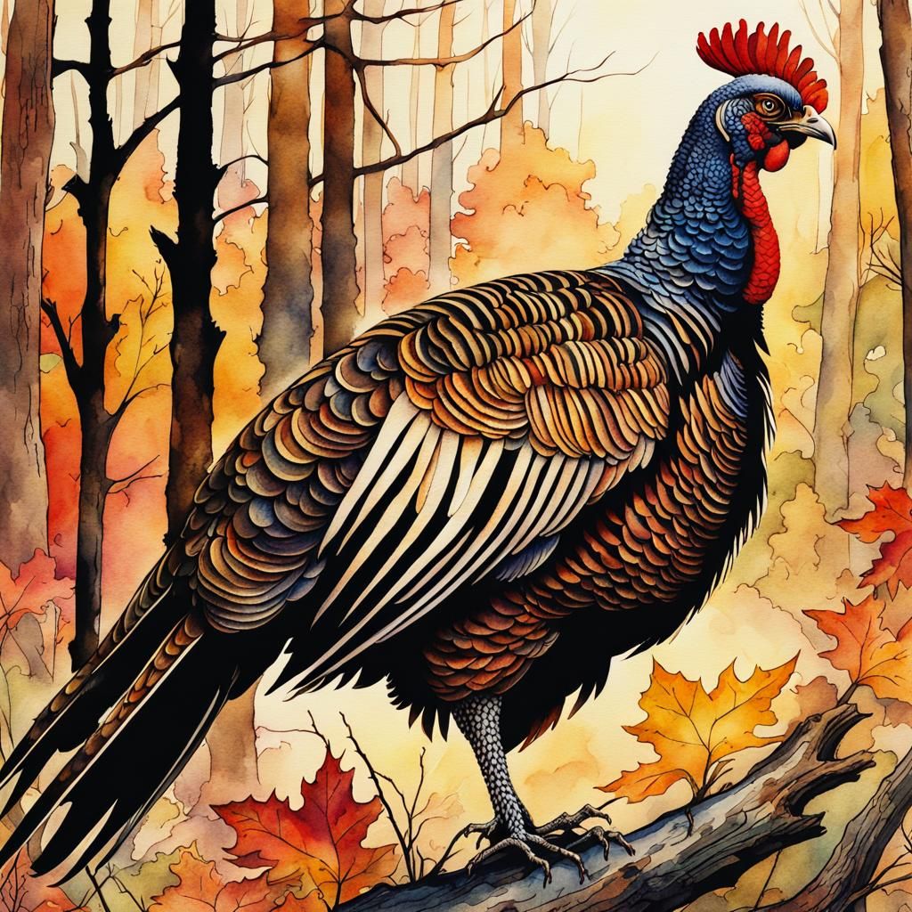 Wild Turkey in Forest, Watercolor Rackham Style