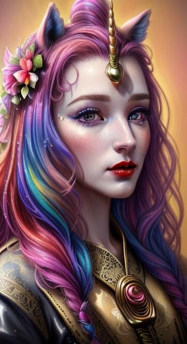 Anthropomorphic Unicorn with Flowers in Art Nouveau Style