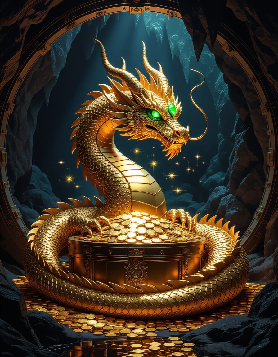 Golden Dragon Guarding Treasure in Dark Cavern