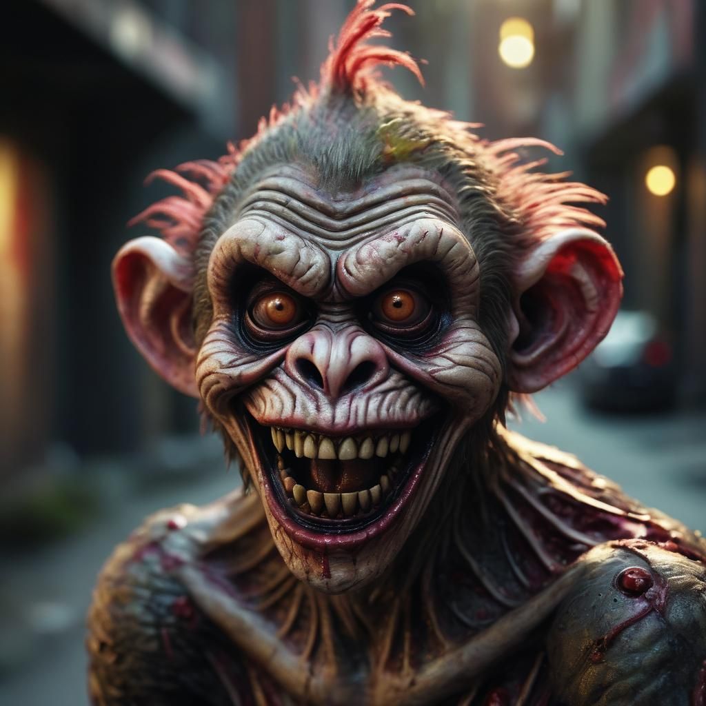 Zombie Monkey Clown in Dimly Lit Alleyway
