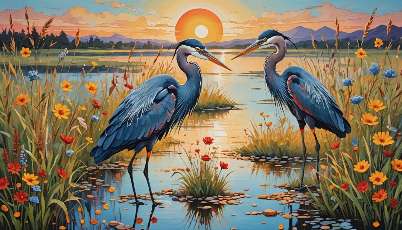 Stylized Painting of Blue Herons at Sunset Lake
