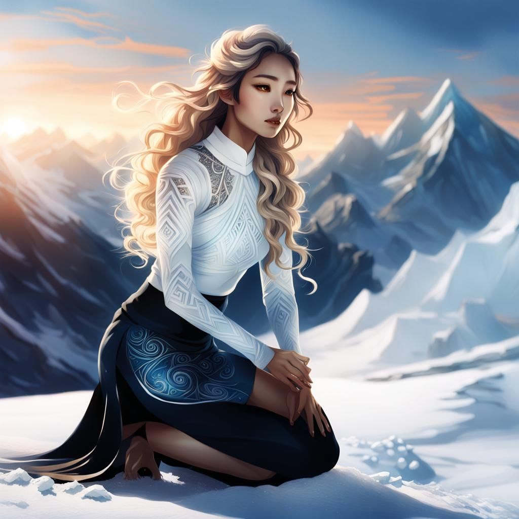 Asian Girl on Snowy Mountain, Digital Fantasy Art