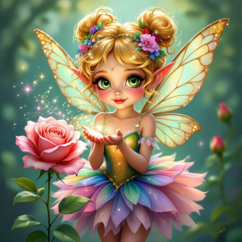 Pixie Sprinkling Fairy Dust on a Rose