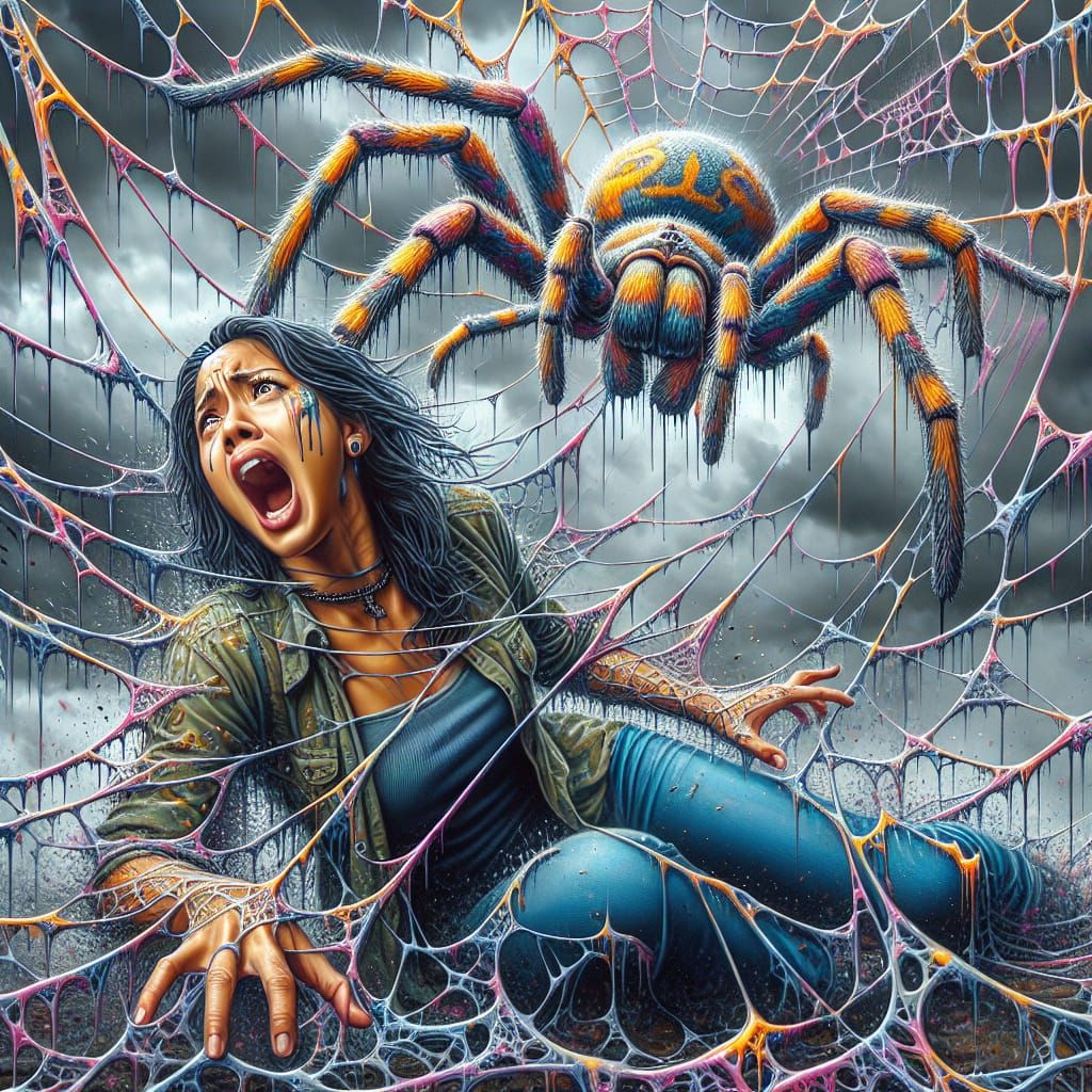 Woman Trapped in Giant Spider Web Graffiti