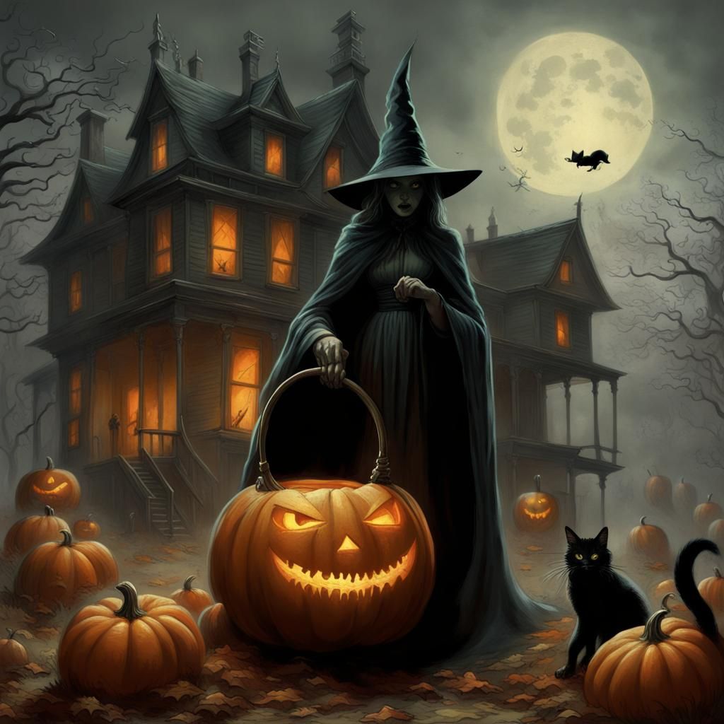 Creepy Haunted House with Witch and Black Cat