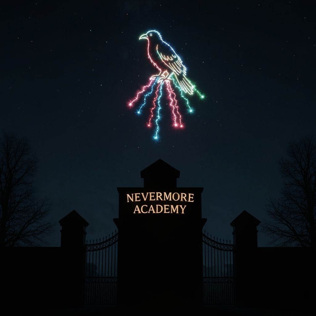 Nevermore Academy Silhouetted by Crow Fireworks