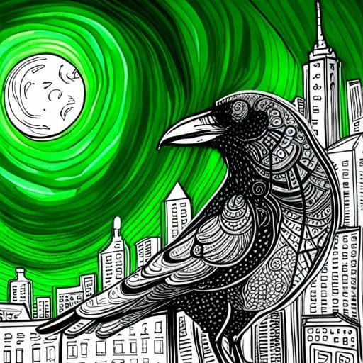 Raven Guardian Over Moonlit City: Detailed Ink Impasto
