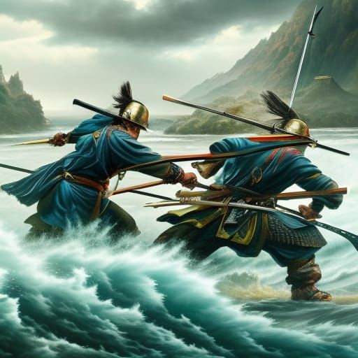 Epic Samurai Battle on Raging River: Anime Painting