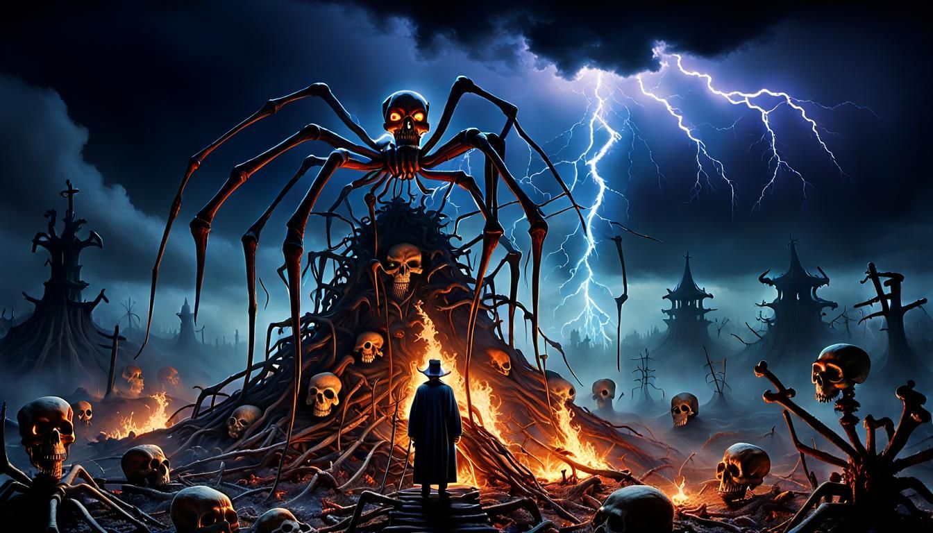 Surreal Sorcerer Casts Lightning in Eerie Landscape