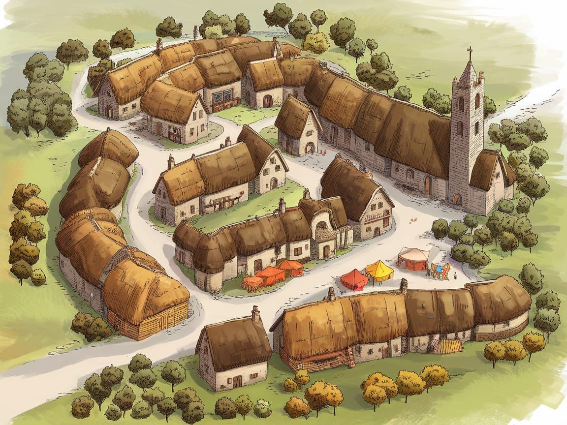 Medieval Village Scene in a Whimsical Digital Illustration