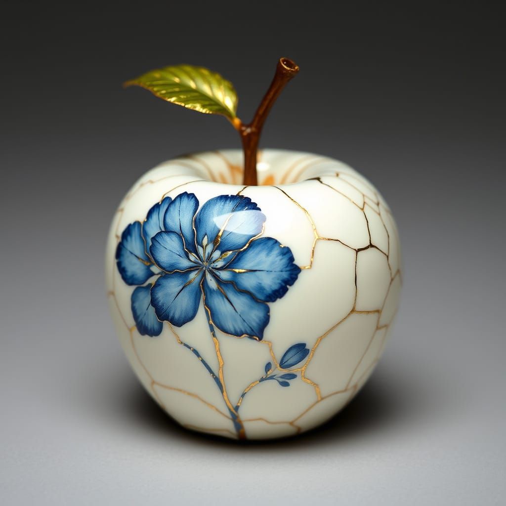 Elegant Kintsugi Porcelain Apple in Blue and Gold