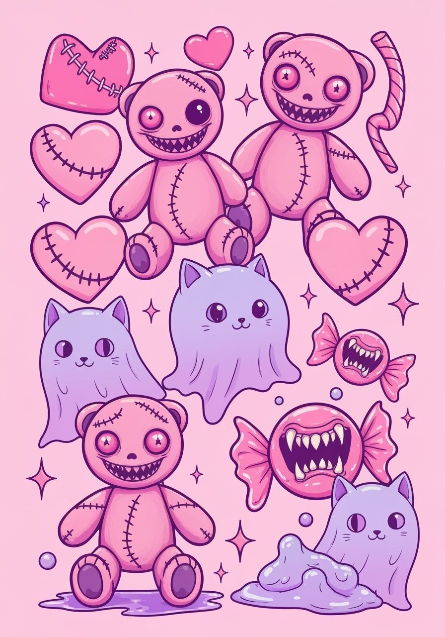 Kawaii Goth Tattoo Flash Sheet in Pastel Colors