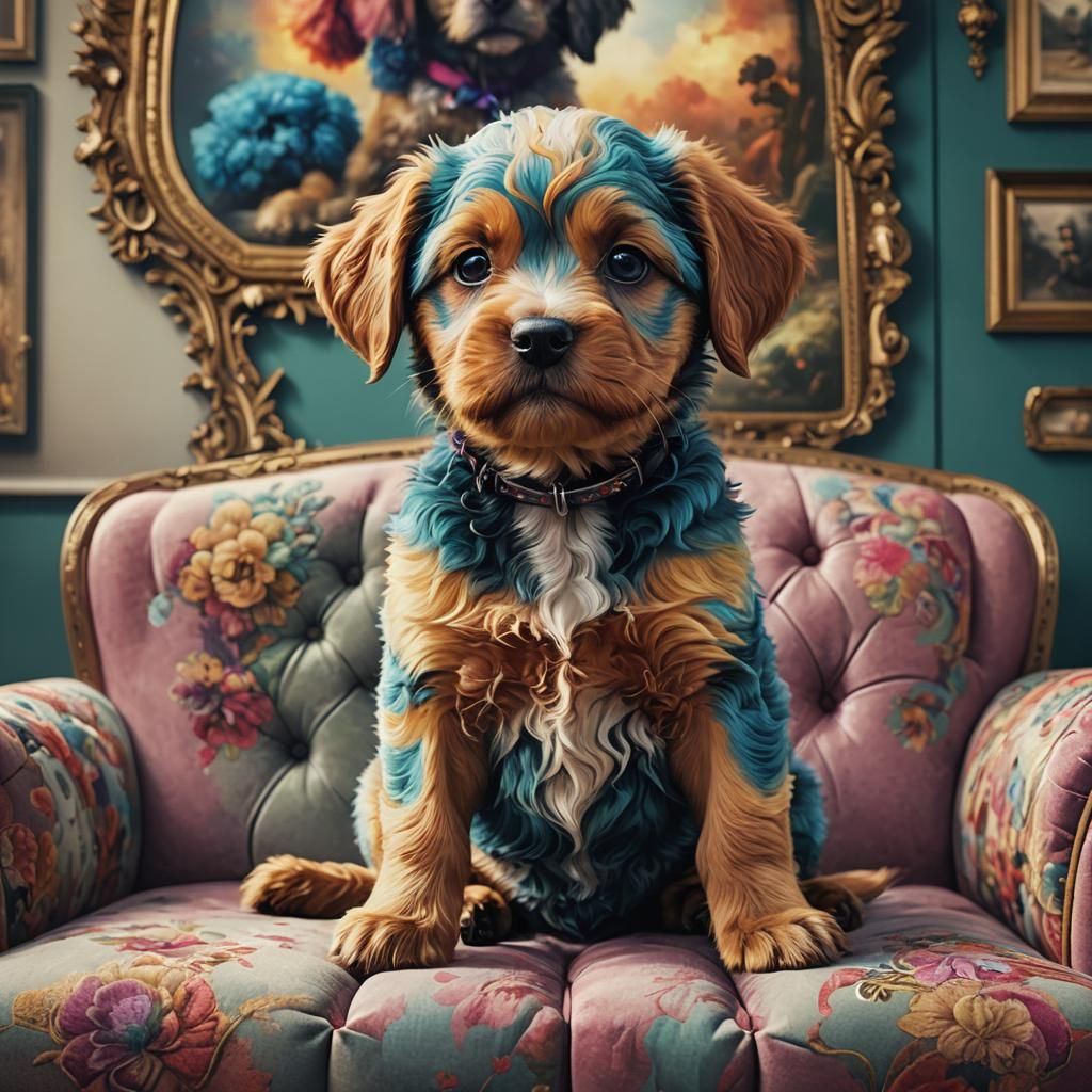 Colorful Puppies on Couch: Digital Matte Painting