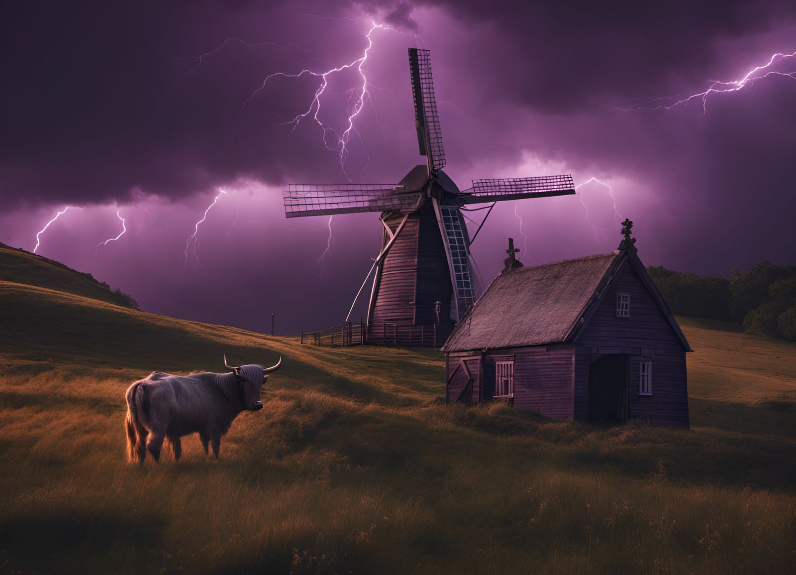 Massive electrical storm throughout the dark purple storming sky lights up a windmill with massive sails there are 2 hig...