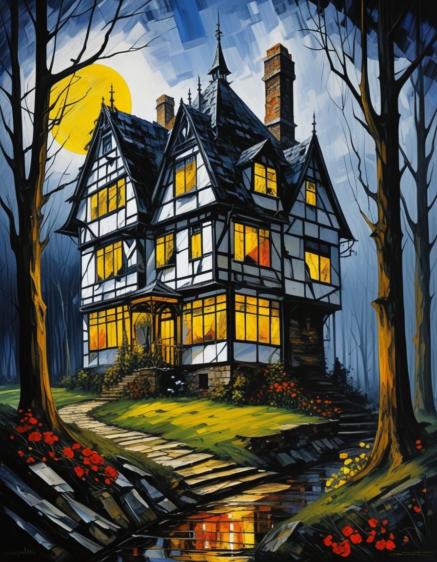 Horror House in Mellow Wind as Mondrian Leonid Afremov Style