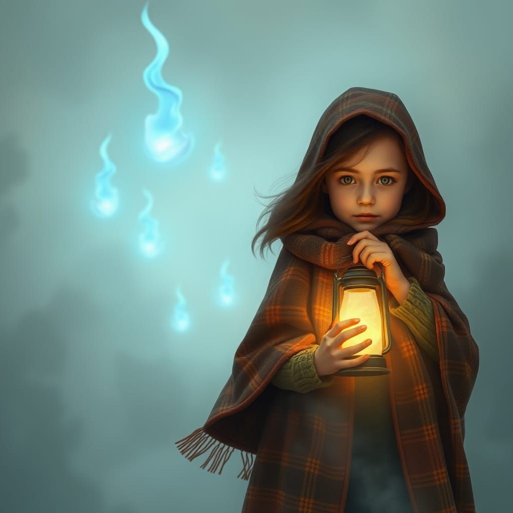 Girl Follows Will-O'-the-Wisp in Misty Landscape