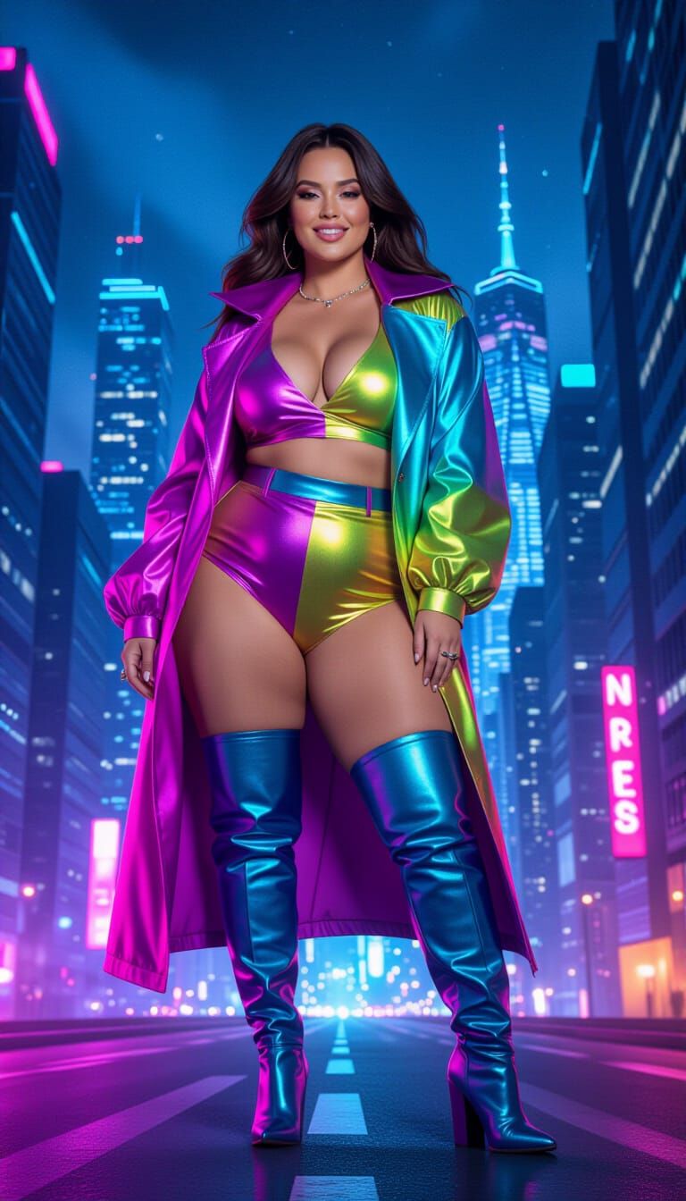 Supermodel in Futuristic Cityscape, Watercolor Style