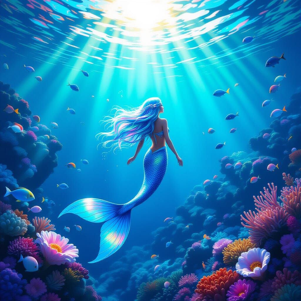 Mermaid in Vibrant Coral Reef - Luminous Digital Painting
