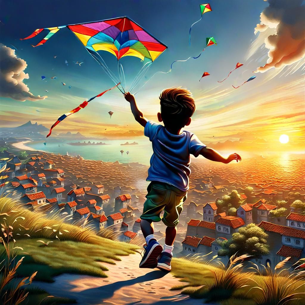 Child Flying Kite at Sunset: Fantasy Concept Art