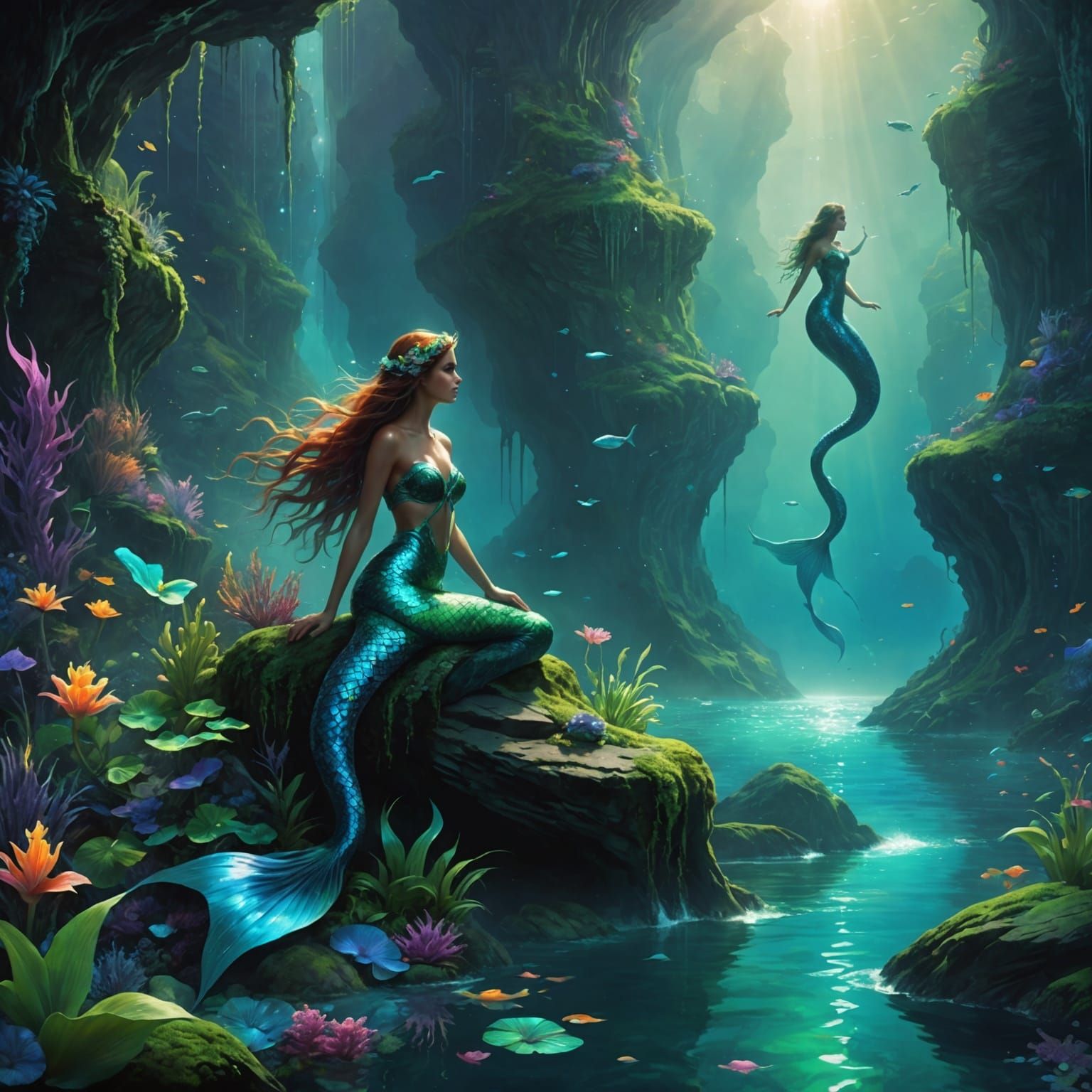 Vibrant Mermaids Gaze from Lagoon in Astral Illustration