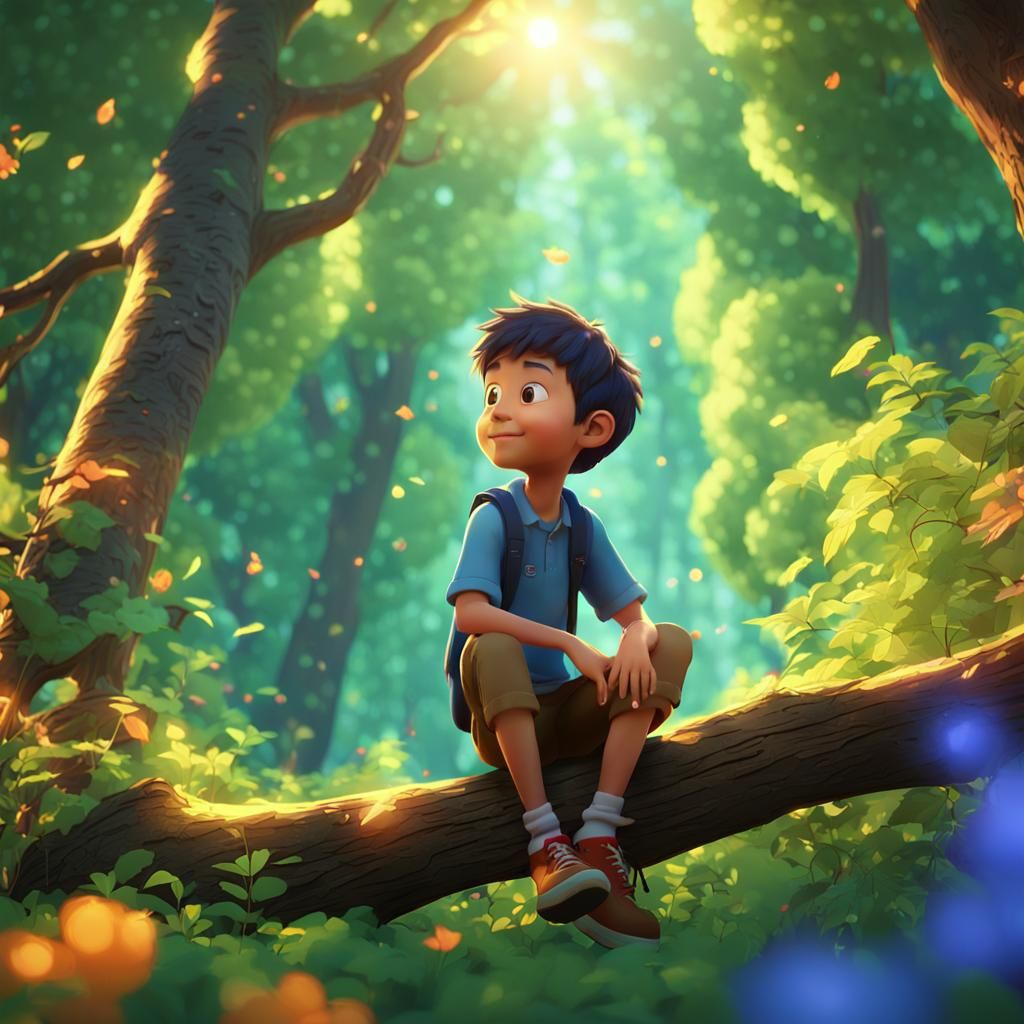 Boy in Forest, Pixar-Style 3D Animation