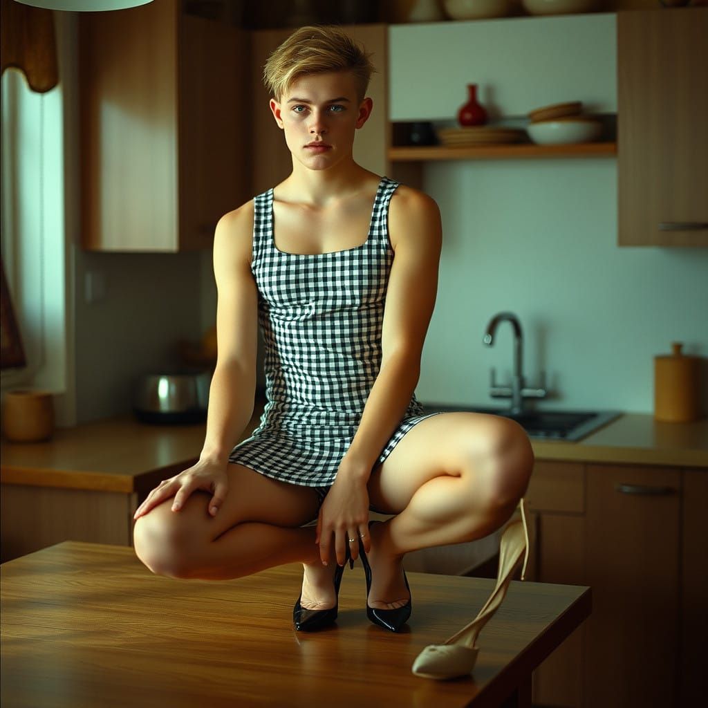 Chiseled Young Man Embraces Elegance in Gingham Dress