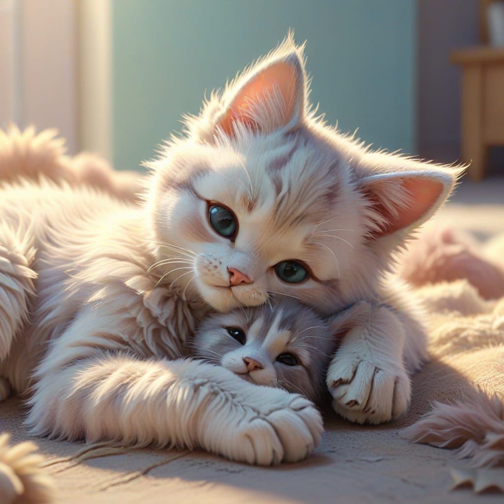 Whimsical Baby Cat and Dog Hug in Soft Pastel Colors
