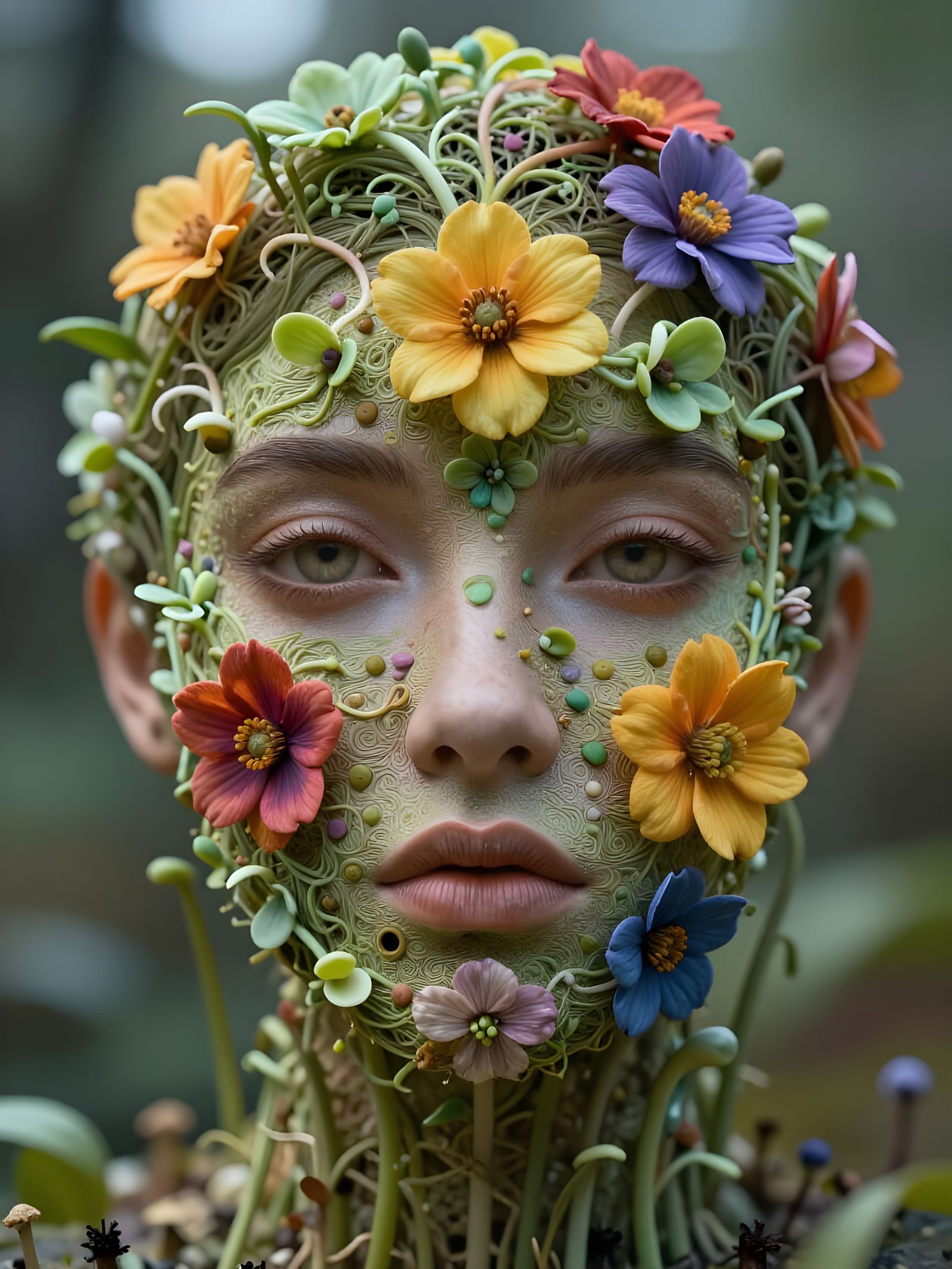 Woman's Face Blooms with Flowers in Cinematic Digital Painti...