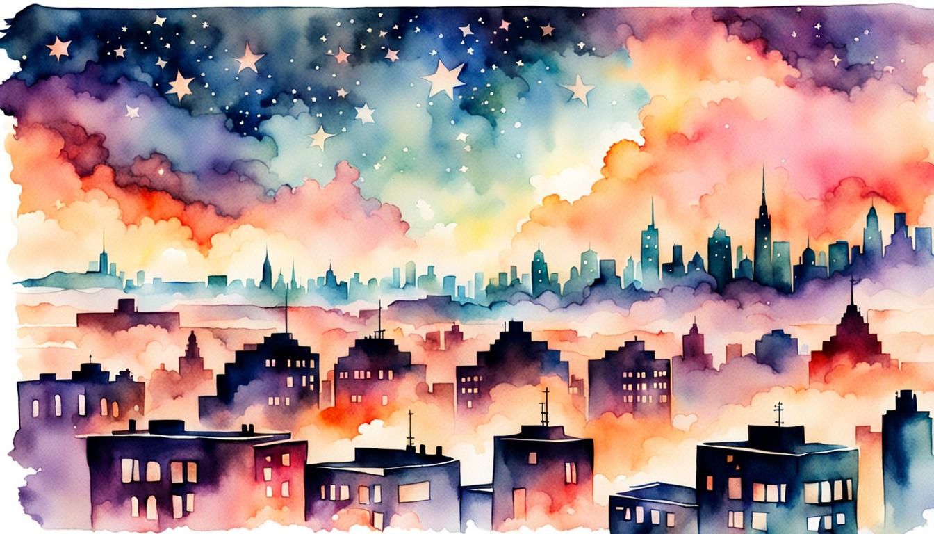 Vintage Art Deco Cityscape Under Starry Watercolor Sky