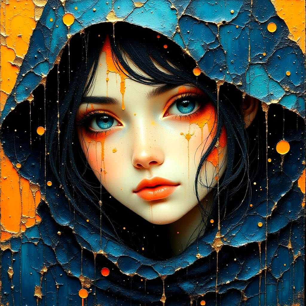 Cloaked Girl Portrait in Impasto Oil Painting Style